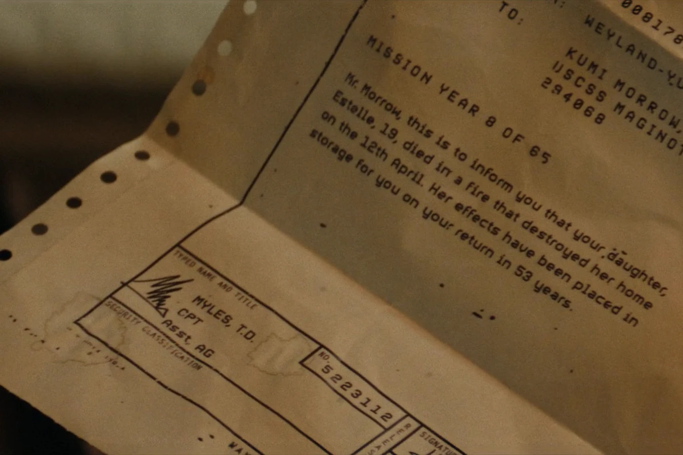 The Weyland-Yutani telex informing Morrow of his daughter Estelle's death in Alien: Earth