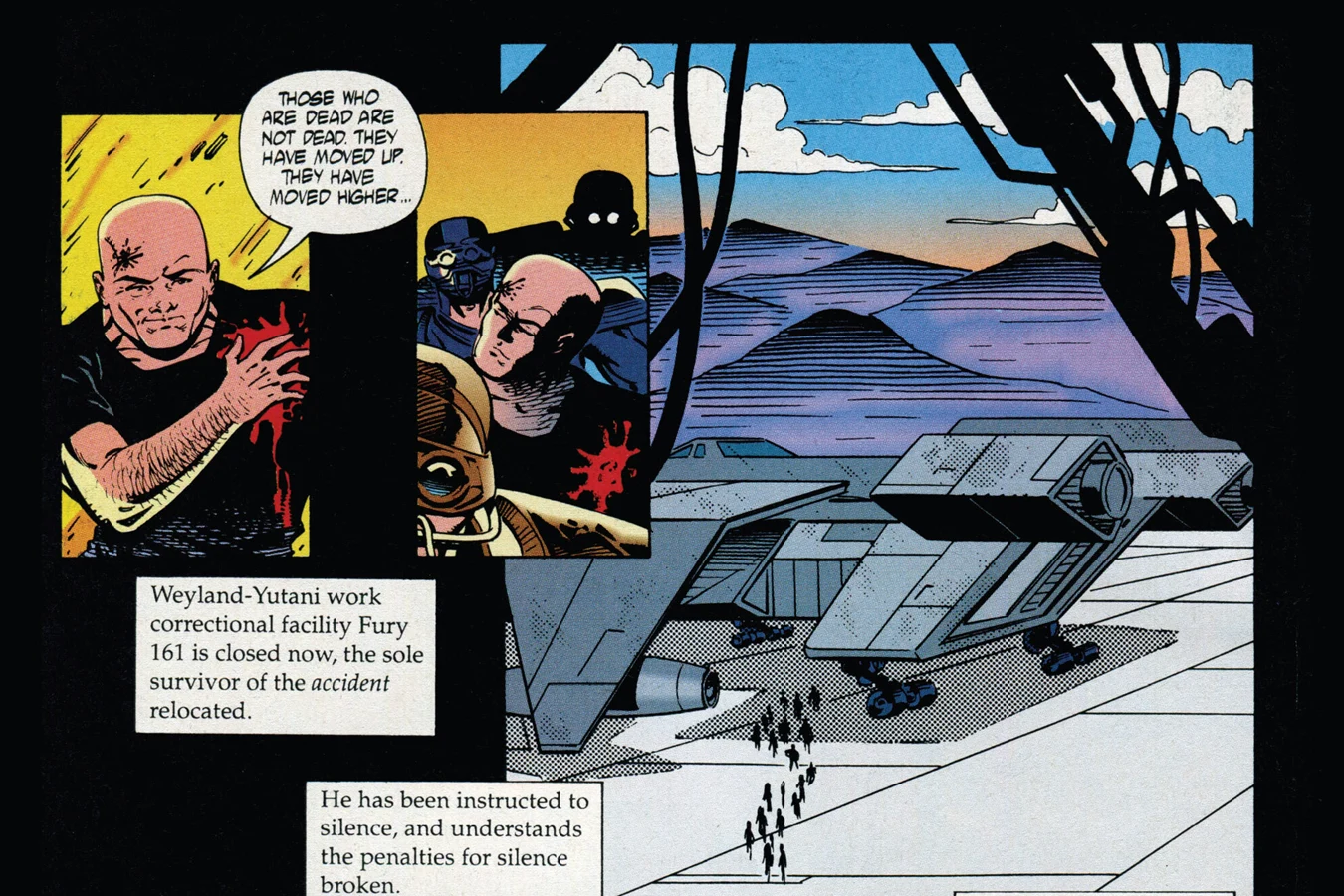 Morse wounded in the Dark Horse Alien 3 comic as Company troops take him off Fury 161