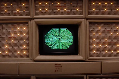 Mother's CRT monitor on the Nostromo, showing a green circuit hexagon among labeled wall panels