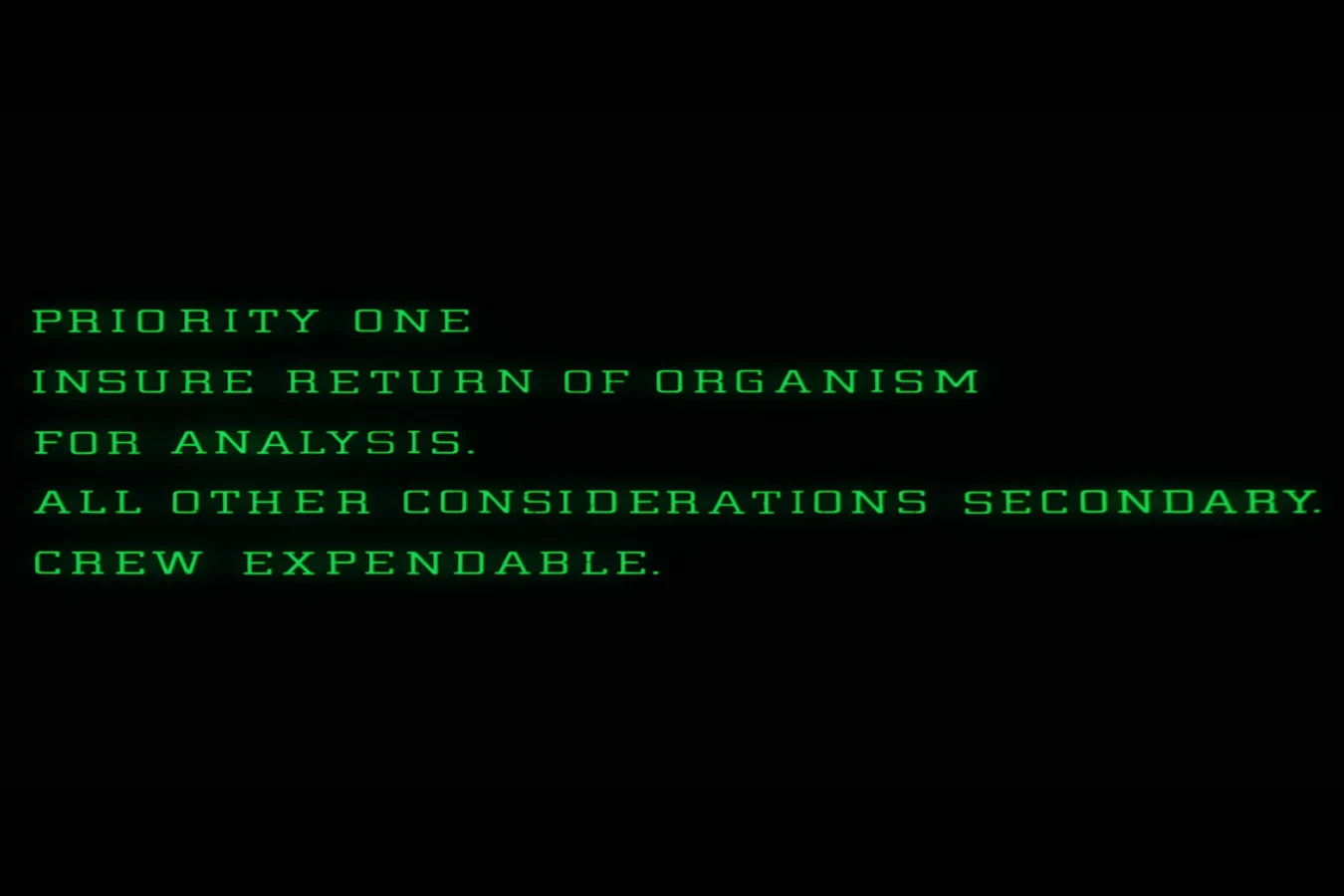 Mother's green Special Order 937 readout, listing the organism as Priority One and the crew as expendable
