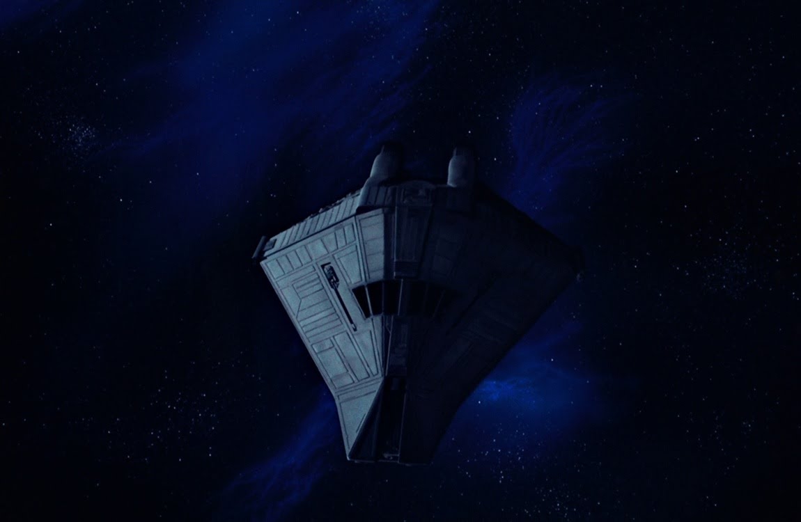 The Narcissus shuttle drifts through space in Aliens