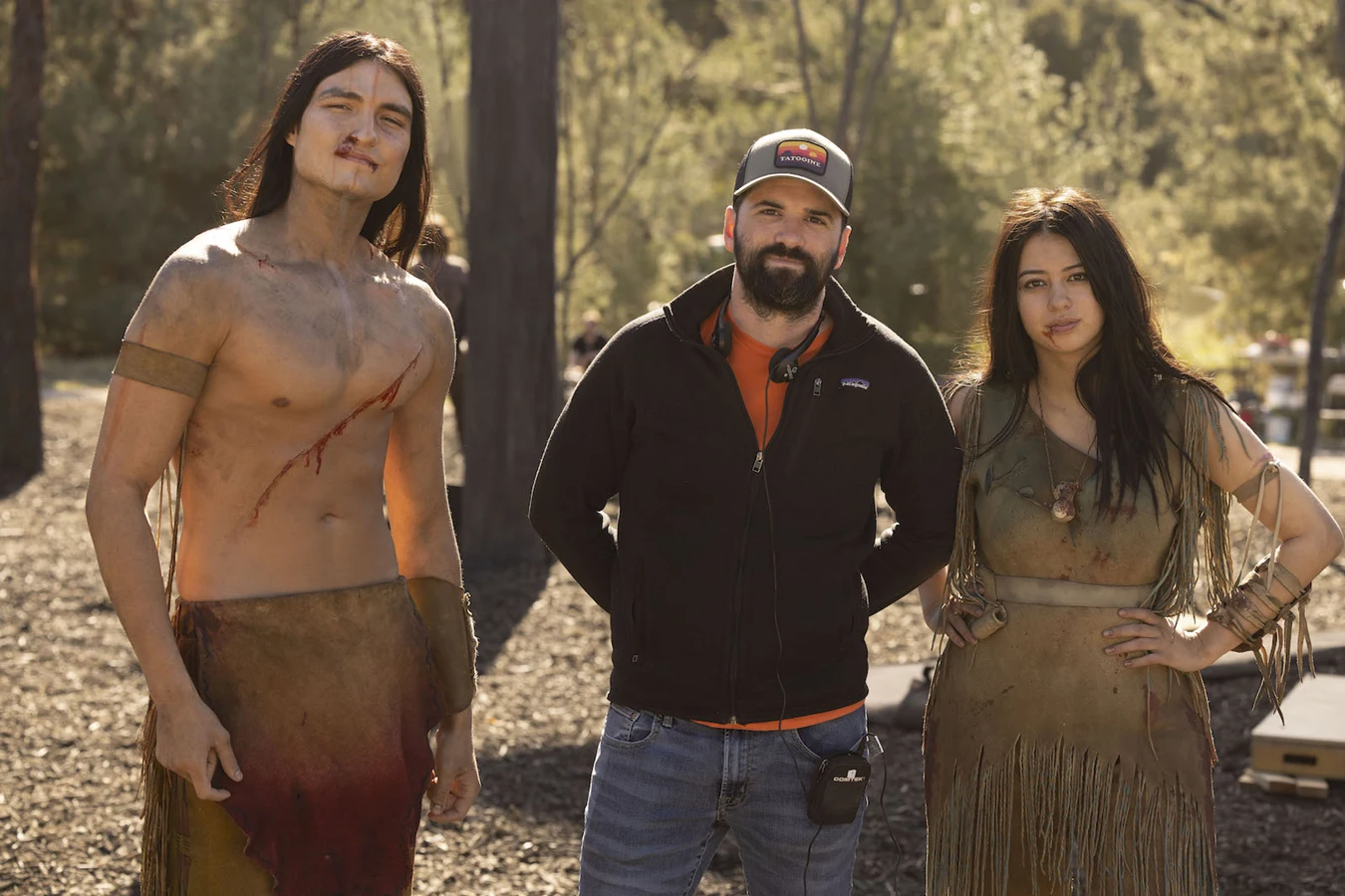 Dakota Beavers, Dan Trachtenberg, and Amber Midthunder on the Prey set in Alberta