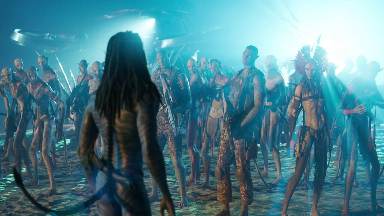 Different Na'vi types and human Recom soldiers gathered together in Avatar: Fire and Ash