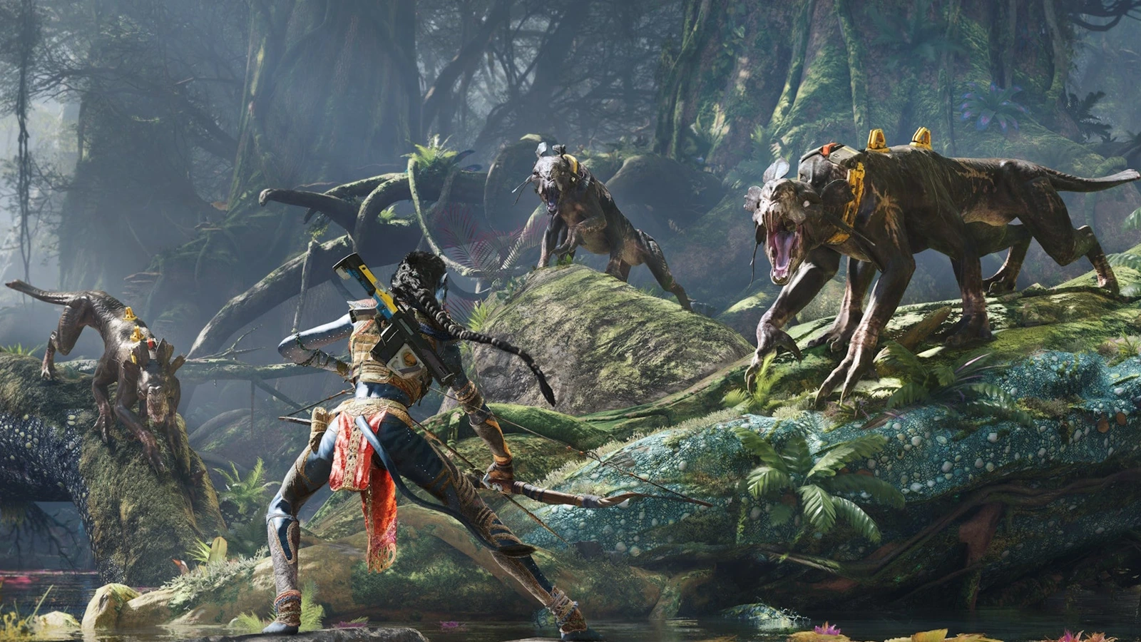 Na'vi warriors with bows and spears on Pandora