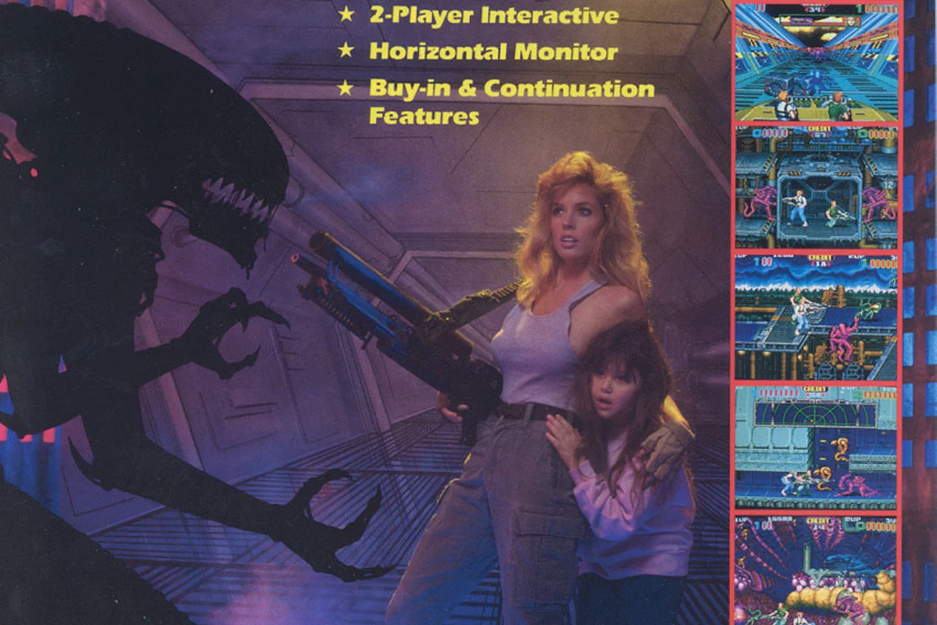 Konami Aliens arcade flyer with lookalike Ripley and Newt beside gameplay stills