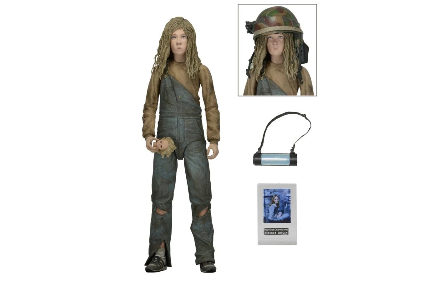 NECA 7-inch Newt figure with helmeted head, Casey doll, chem-light, and colony ID card