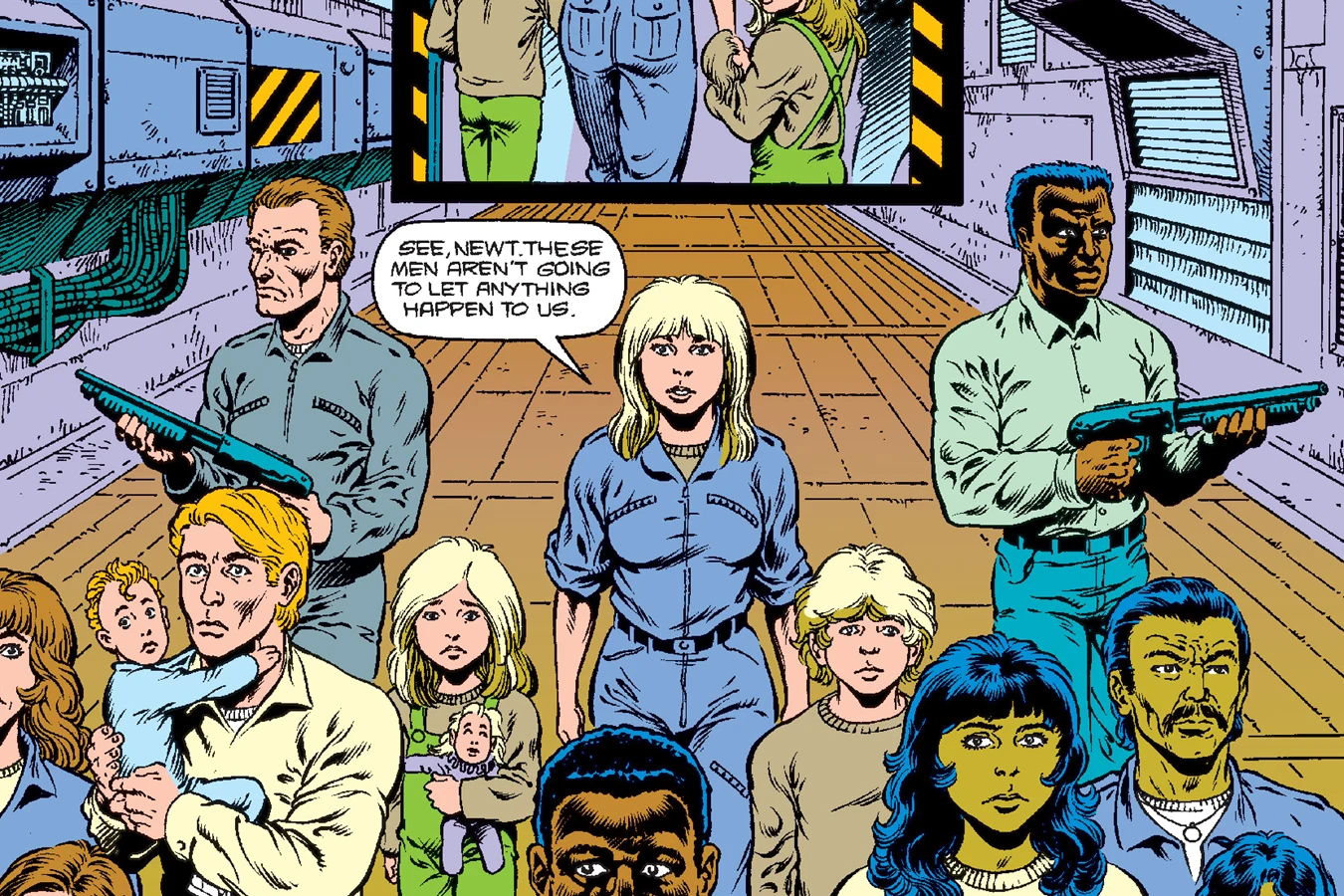 Armed colonists and families holding a corridor in Aliens: Newt's Tale