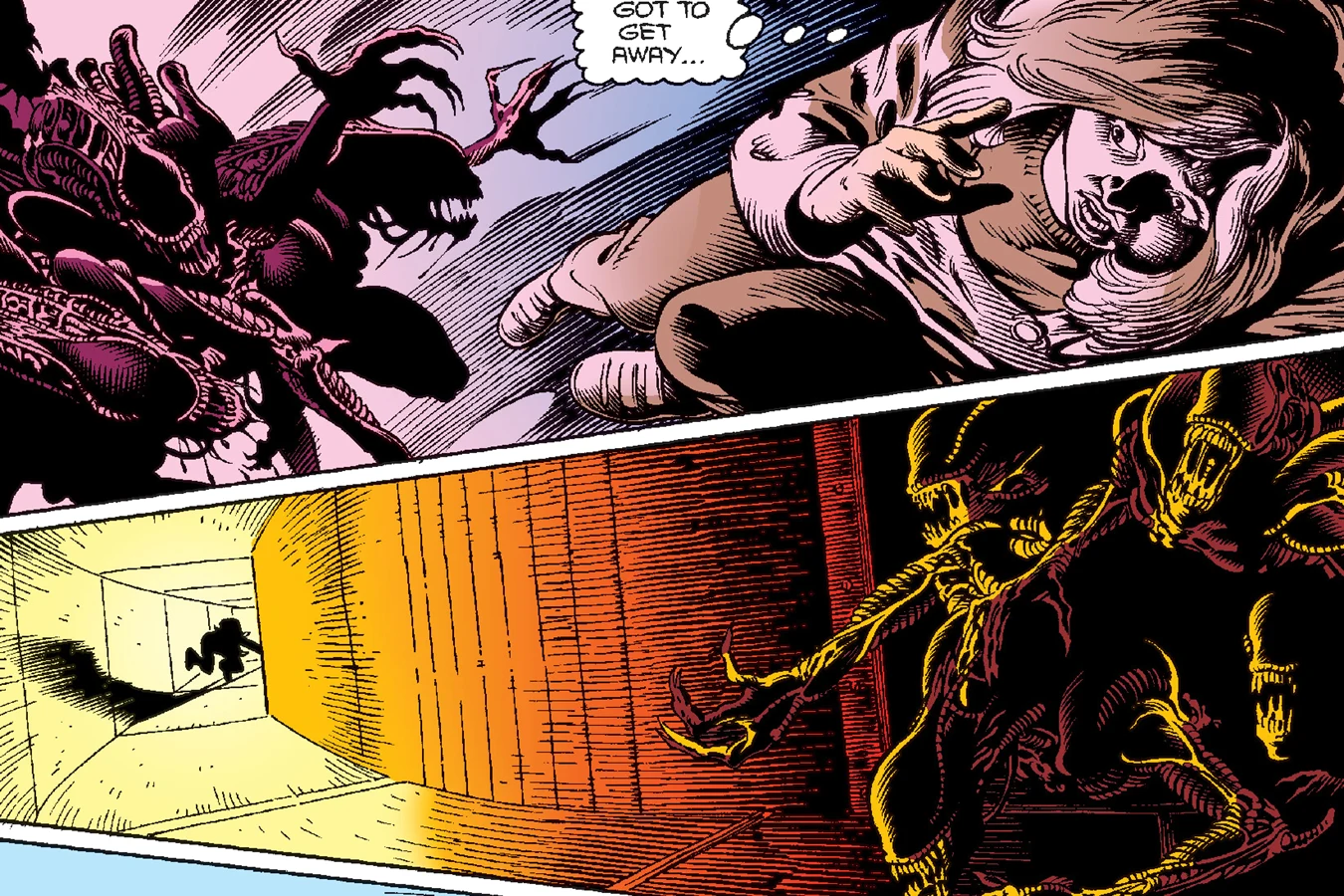 Newt escaping down a corridor with Casey as Xenomorphs close in, from Aliens: Newt's Tale