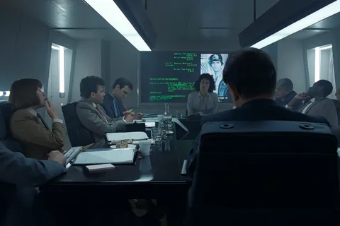 Ripley's board of inquiry in Aliens with a Nostromo crew dossier on the screen
