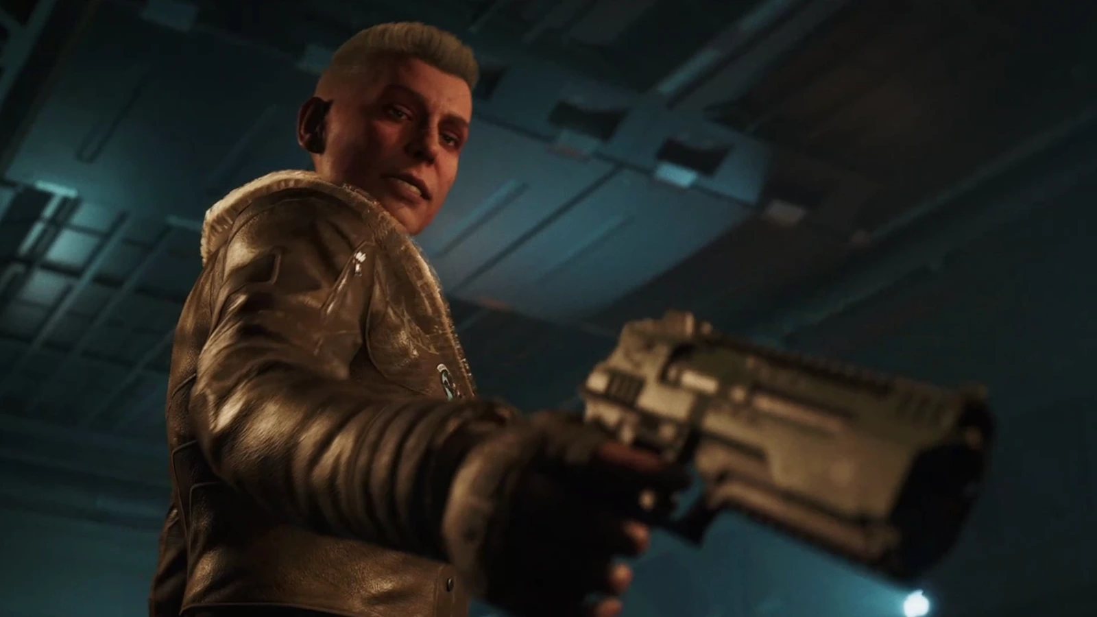 General Olivia Shipp aiming a pistol aboard the Endeavor in Aliens: Fireteam Elite 2