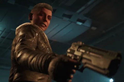 General Olivia Shipp aiming a pistol aboard the Endeavor in Aliens: Fireteam Elite 2