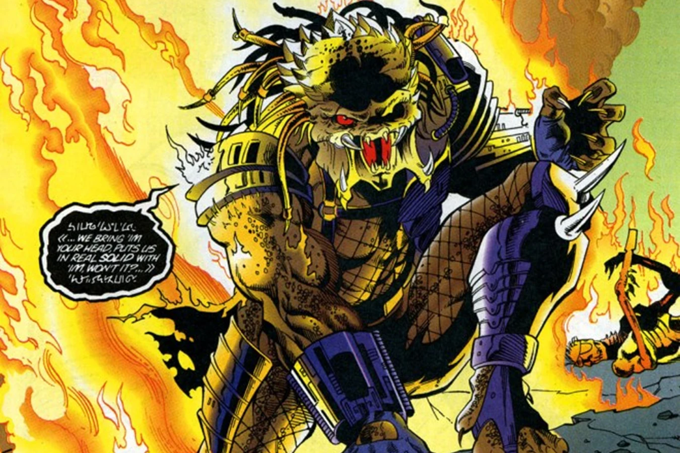 The Arcadia Predator crouching in flames with its left eye socket empty in X #18
