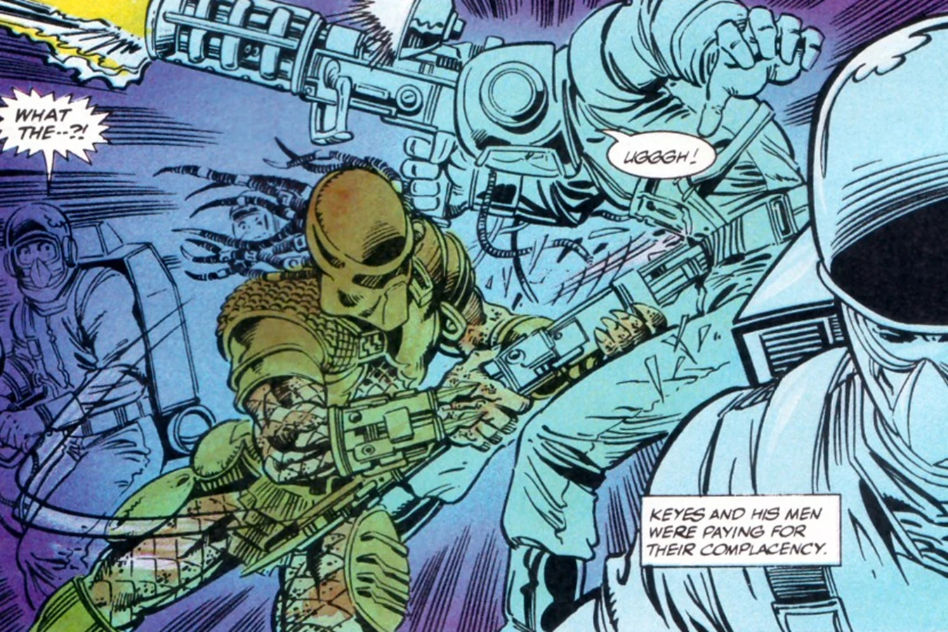 An OWLF trooper in a sealed helmet fires on the City Hunter in the Predator 2 comic