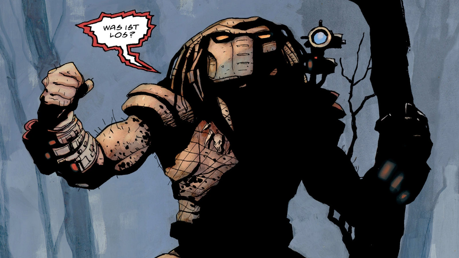 Dean Ormston's Ozarks Hunter in a weathered bronze bio-mask with bone trophies from Predator: Hell Come a Walkin'