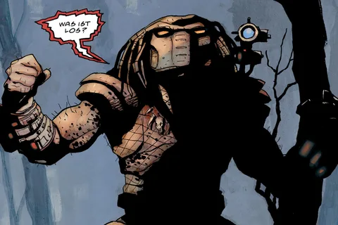 Dean Ormston's Ozarks Hunter in a weathered bronze bio-mask with bone trophies from Predator: Hell Come a Walkin'
