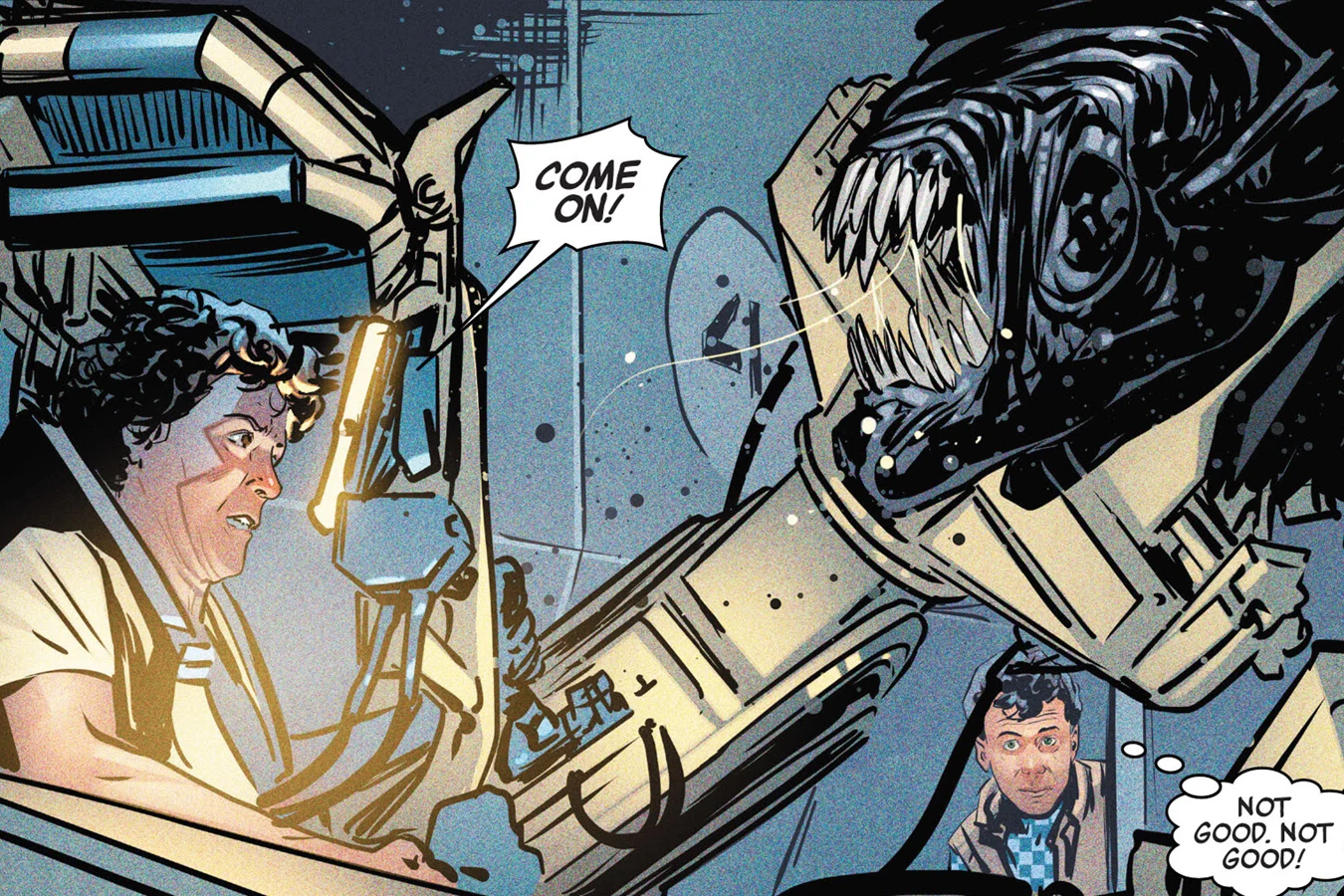 Ellen Ripley in a P-5000 Power Loader facing the Alien Queen in Marvel's Aliens: What If?