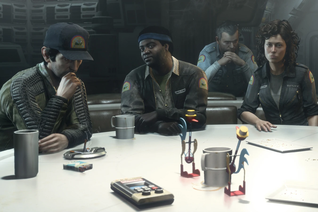 Parker at the Nostromo mess table with Brett, Dallas, and Ripley in Alien: Isolation