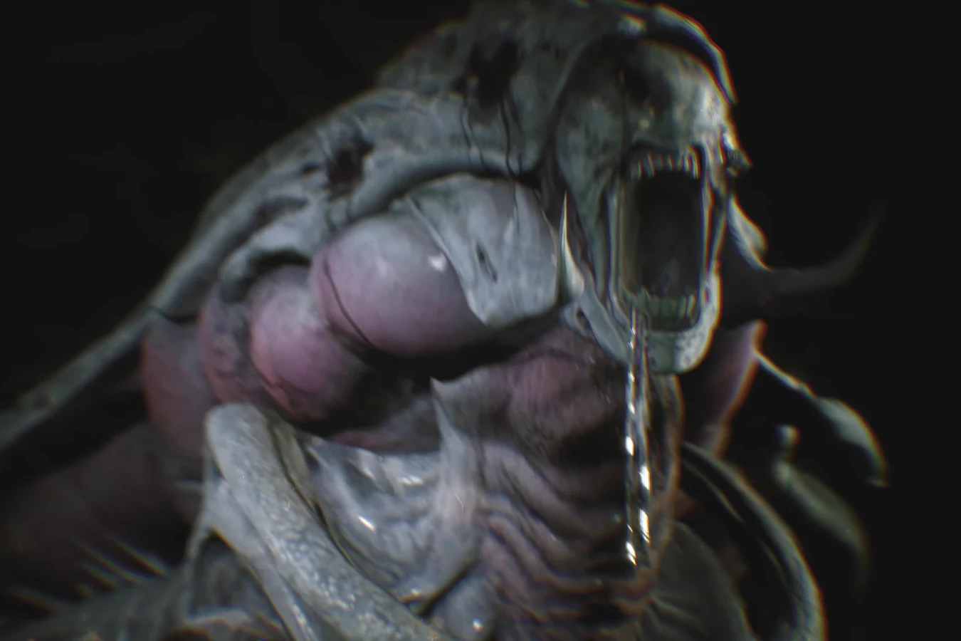 The Pathogen Queen roaring with teeth bared and pink neck sacs visible