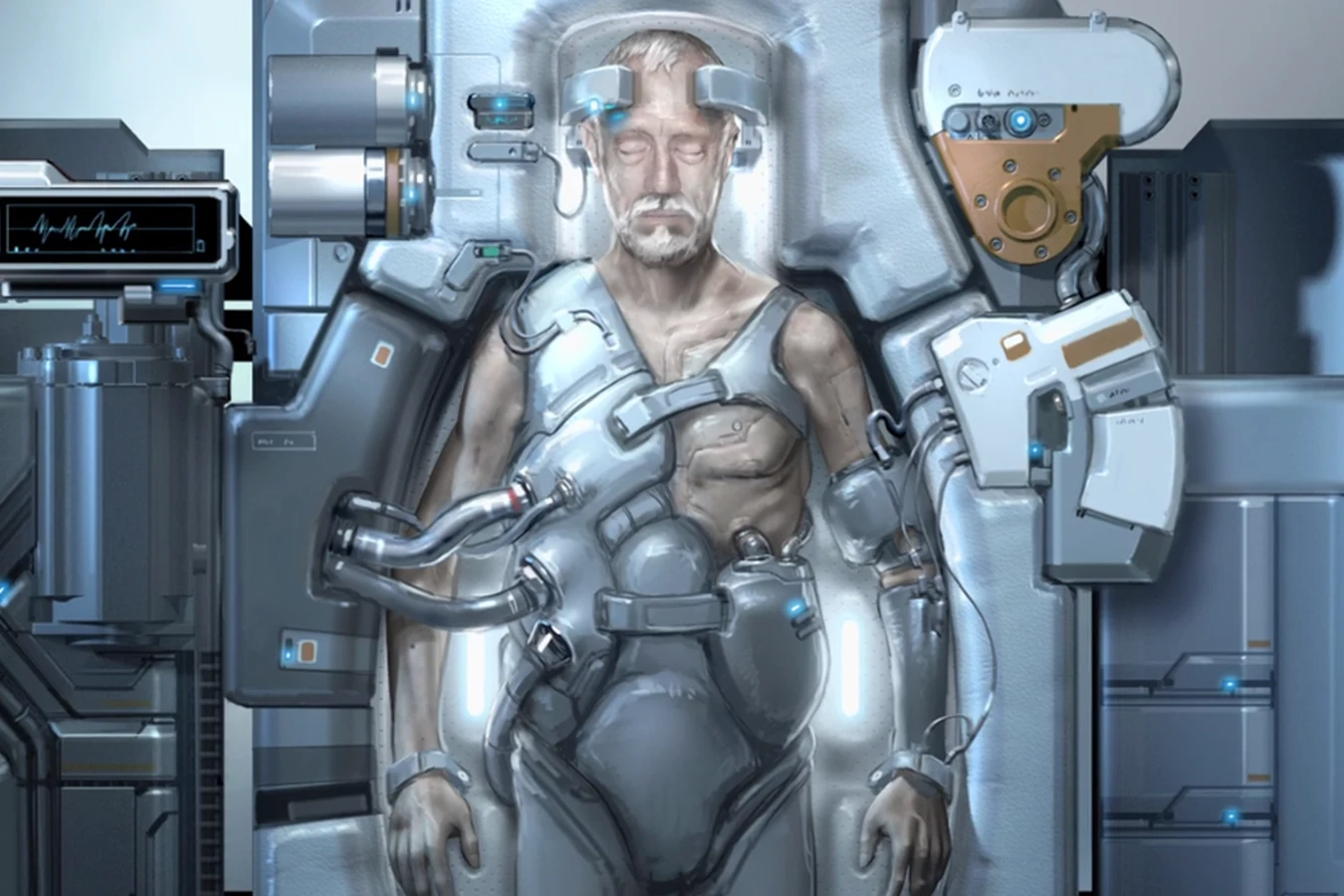 Concept art of Peter Weyland asleep in a medical cradle for the Prometheus crossing
