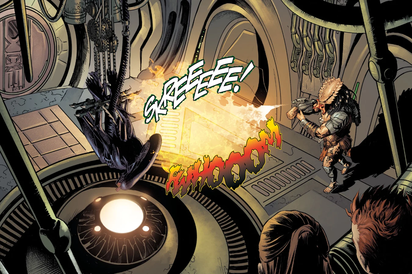 Pig Iron Predator blasting the chained Xenomorph with his flamethrower as Maria and Tyler watch from hiding in the hunter ship in Alien vs. Predator: Thicker Than Blood