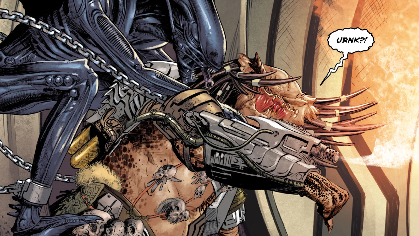 The chained adult Xenomorph seizing Pig Iron Predator from behind as he cries out aboard the hunter ship in Alien vs. Predator: Thicker Than Blood