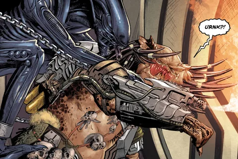 The chained adult Xenomorph seizing Pig Iron Predator from behind as he cries out aboard the hunter ship in Alien vs. Predator: Thicker Than Blood