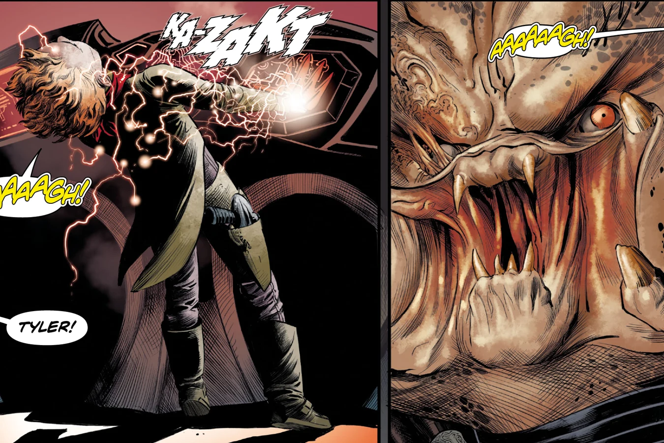Tyler convulsing as the hunter ship's controls shock him beside a close-up of the unmasked Pig Iron Predator roaring in Alien vs. Predator: Thicker Than Blood