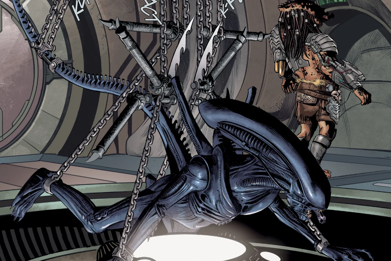 Pig Iron Predator standing beside the adult Xenomorph suspended in chains over a glowing pit in the hunter ship in Alien vs. Predator: Thicker Than Blood