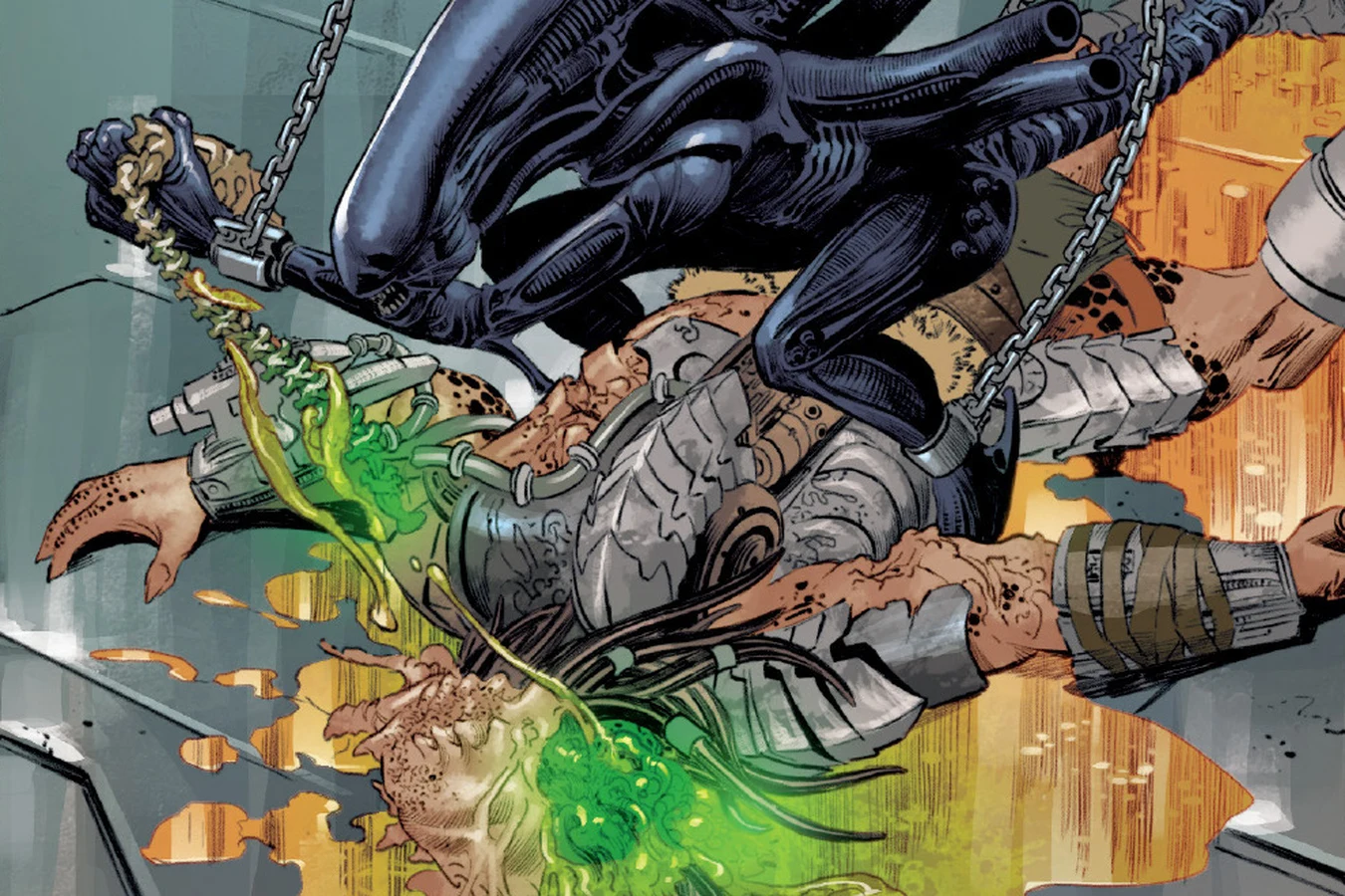 The Xenomorph ripping its chains free over the body of Pig Iron Predator as green blood spills across the floor in Alien vs. Predator: Thicker Than Blood