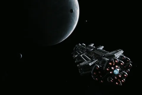 The USCSS Covenant approaching Planet 4 and its moons