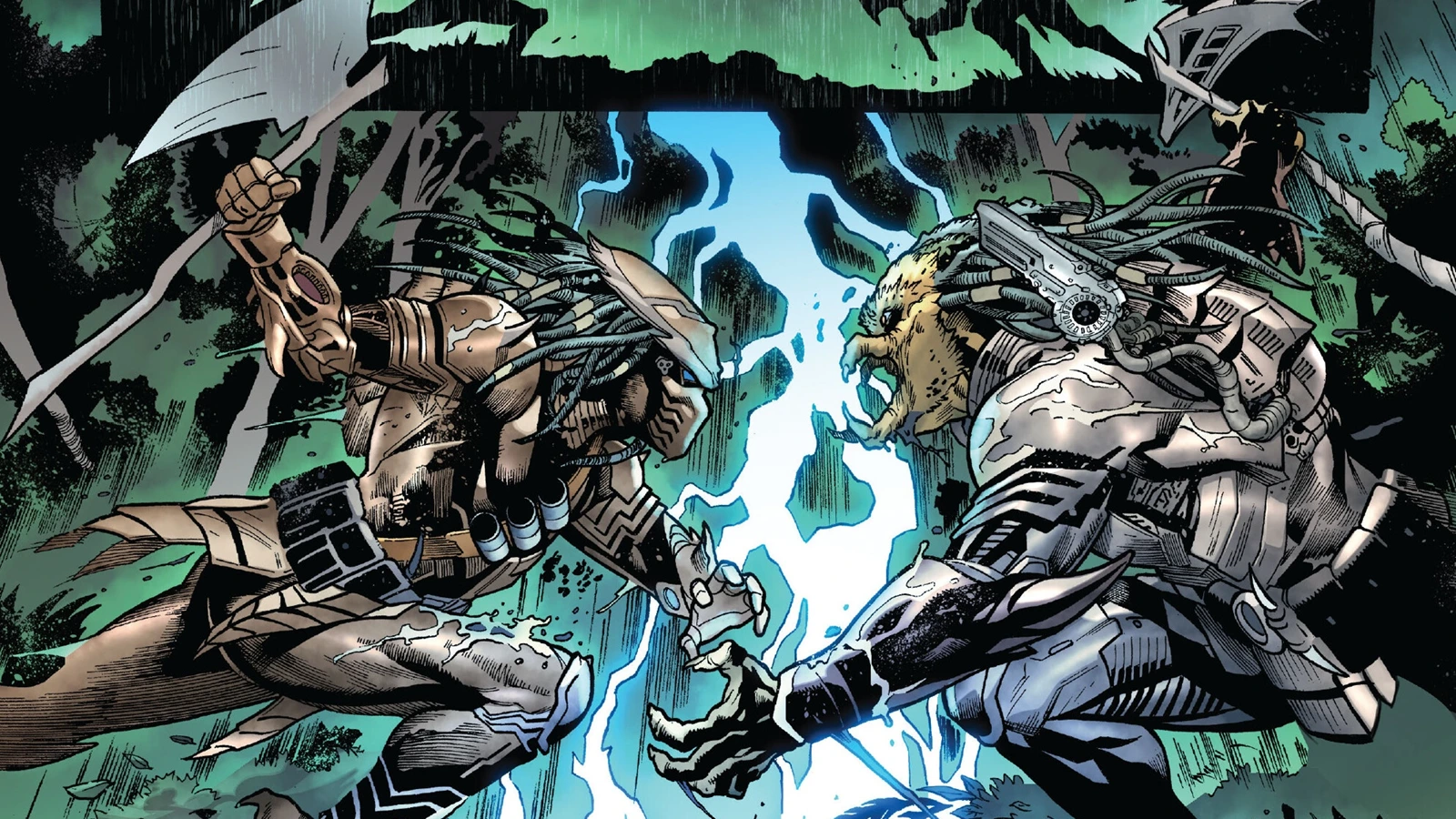 Theta Berwick fighting a Predator, both using axes in Predator: The Preserve
