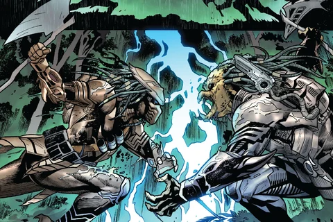 Theta Berwick fighting a Predator, both using axes in Predator: The Preserve
