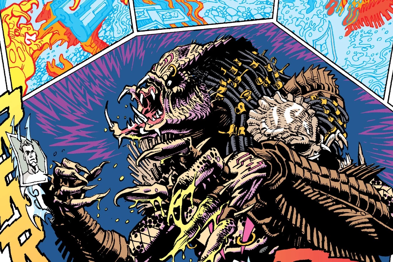 The rogue Predator rising from the stream after putting out the flames in the Predator: Bad Blood comic