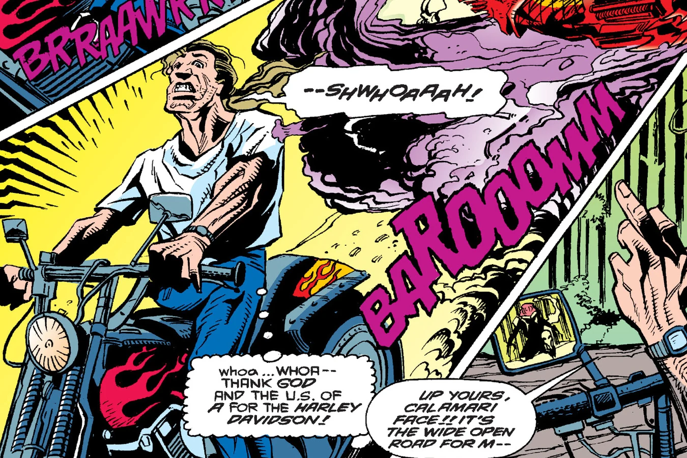 Chris Hudson escaping on his motorcycle in the Predator: Bad Blood comic