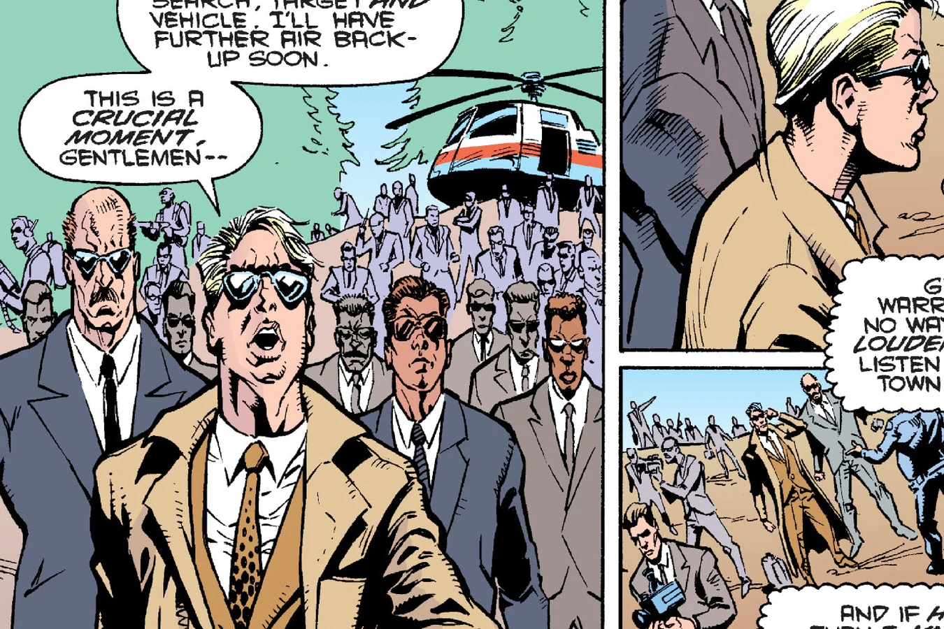 Claude Loudermilk's agents in suits arriving at the paintball field in the Predator: Bad Blood comic