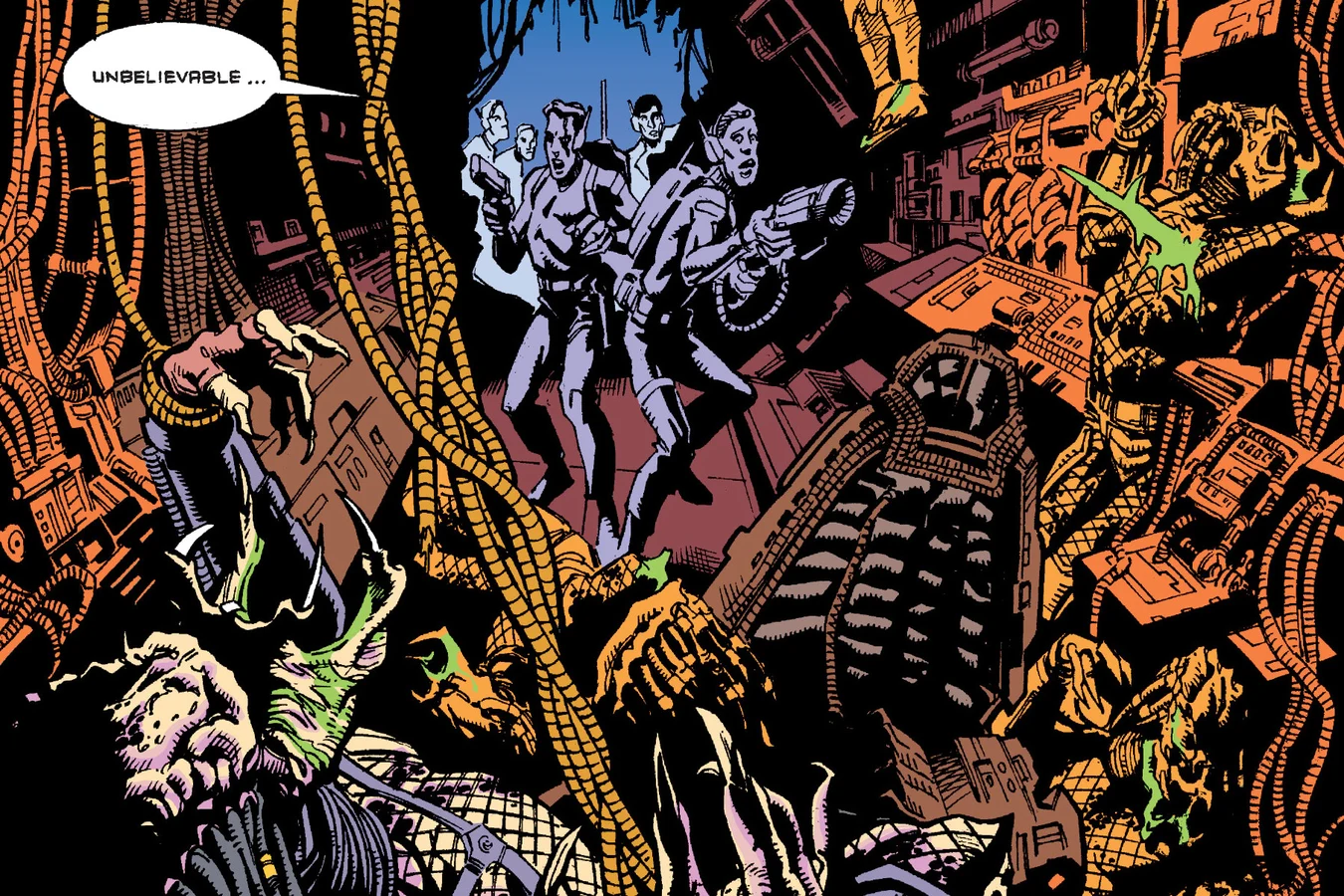 CIA agents entering the crashed Predator ship among the bodies of its crew in the Predator: Bad Blood comic