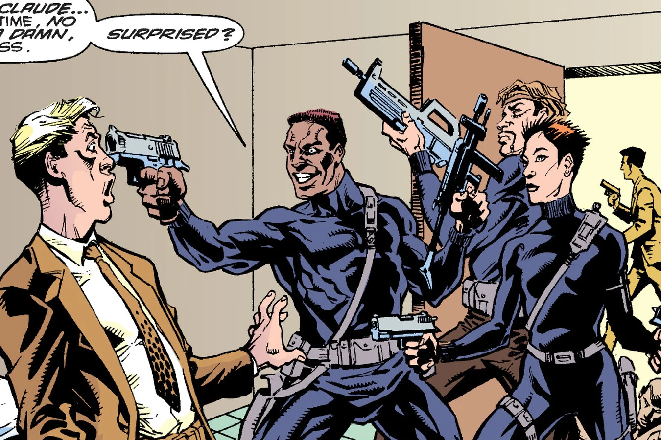 Robert Graves holding a pistol to Claude Loudermilk's head as Smith and Mandy storm the room in the Predator: Bad Blood comic