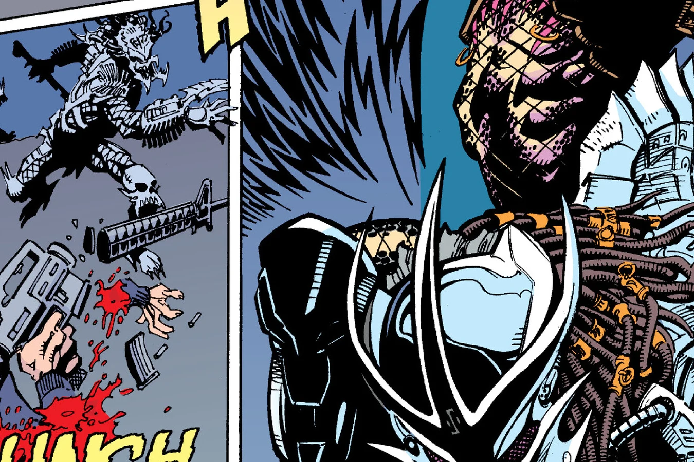 The armored hunter Predator in its horned silver mask joining the fight in the Predator: Bad Blood comic