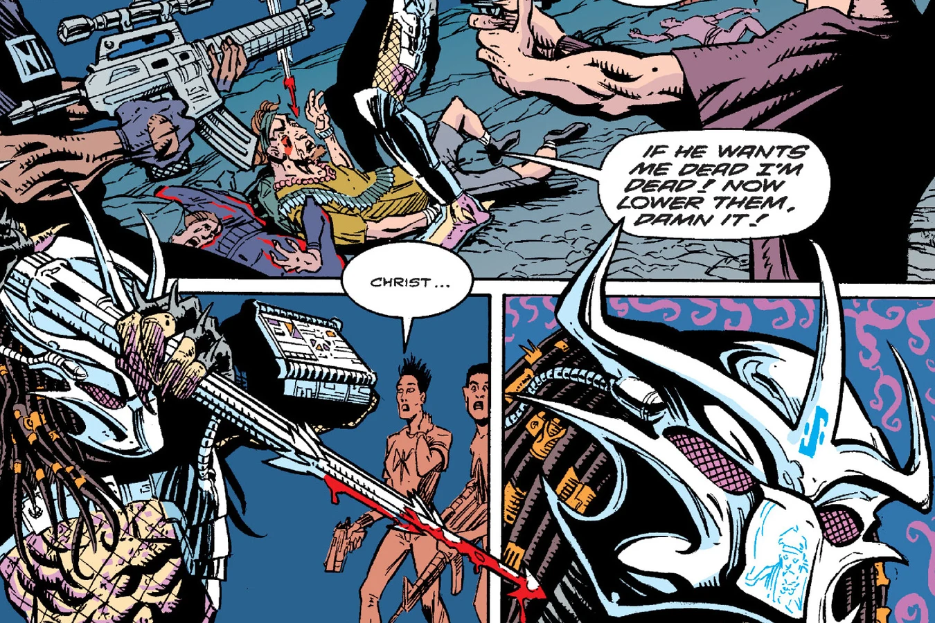 The armored hunter Predator standing over John Pulnick as Mandy Graves takes aim in the Predator: Bad Blood comic