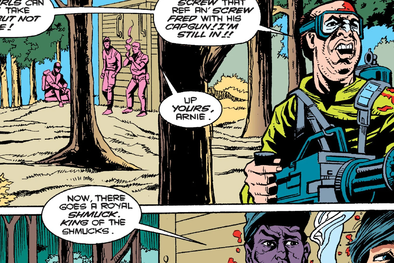 Lawyer Arnie grinning behind his minigun paint gun in the woods in the Predator: Bad Blood comic