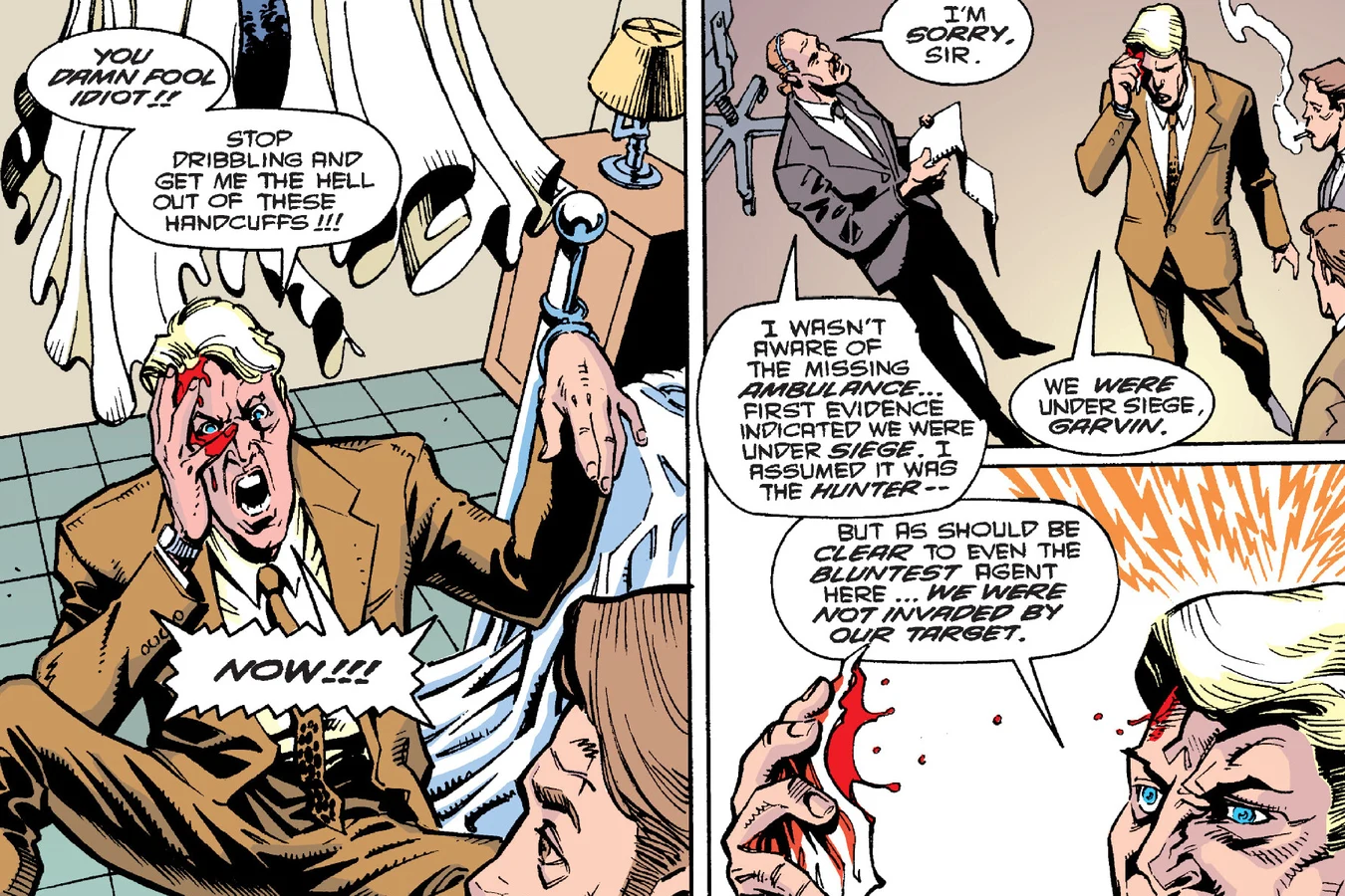 Claude Loudermilk handcuffed to a hospital bed and bleeding from the forehead in the Predator: Bad Blood comic