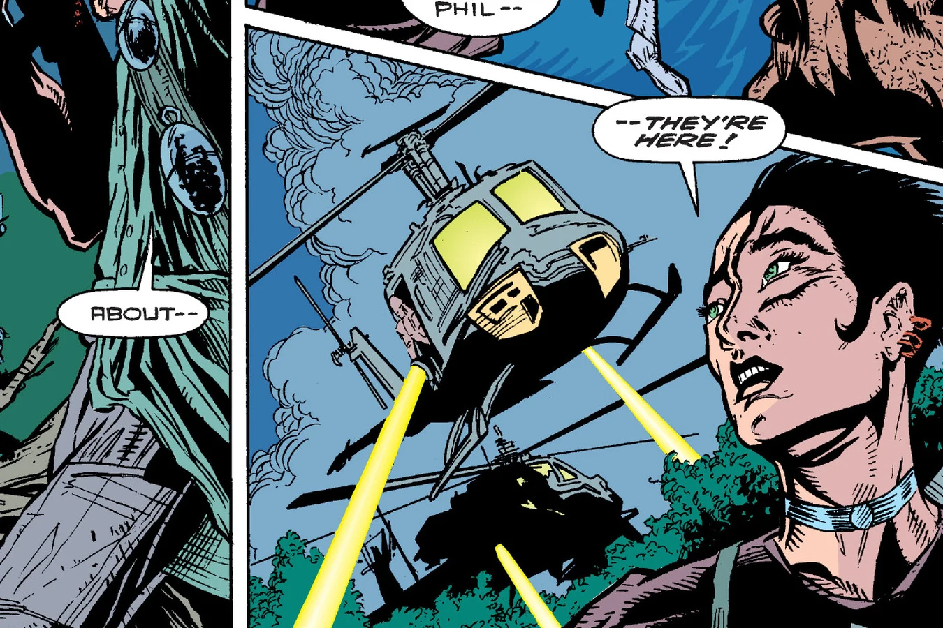 Mandy Graves watches CIA helicopters arrive over the barrens in Predator: Bad Blood
