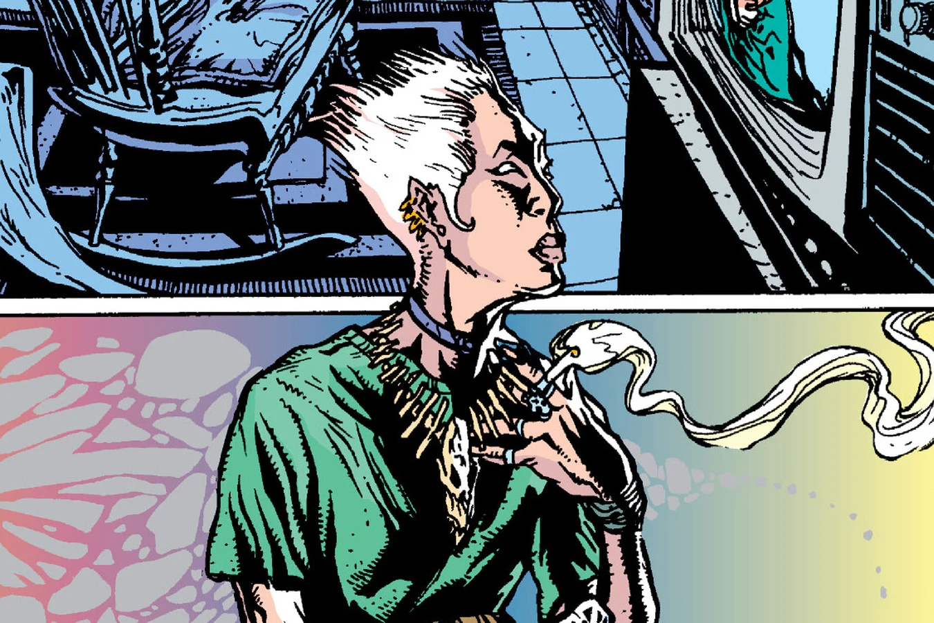 Mandy Graves, her hair bleached white, smokes as she watches the news about the Pine Barren Massacre in Predator: Bad Blood