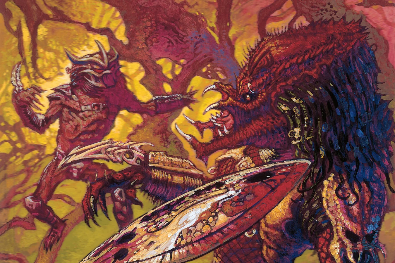 Derek Thompson's painted cover for Predator: Bad Blood #3, with two Predators clashing in a red forest as one swings a throwing disc above a skull