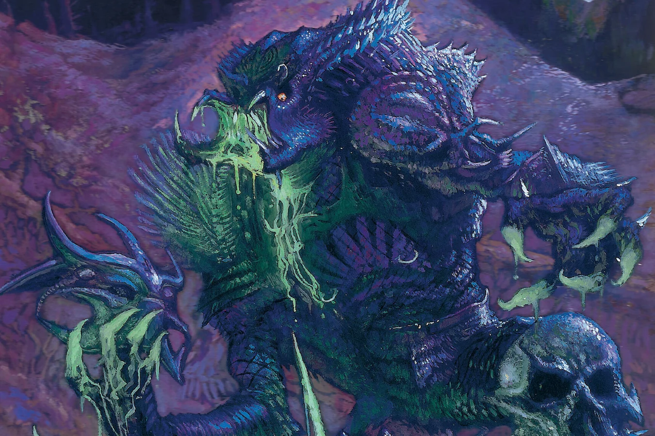 Derek Thompson's painted cover for Predator: Bad Blood #4, with a purple Predator crouching over a skull as green blood pours from its jaws