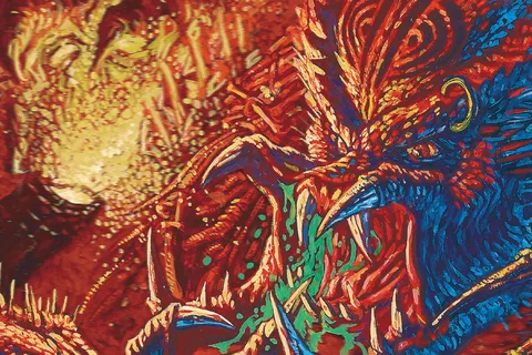 Derek Thompson's painted cover for Predator: Bad Blood #1, with a snarling red and blue Predator spreading its mandibles amid a spray of green blood