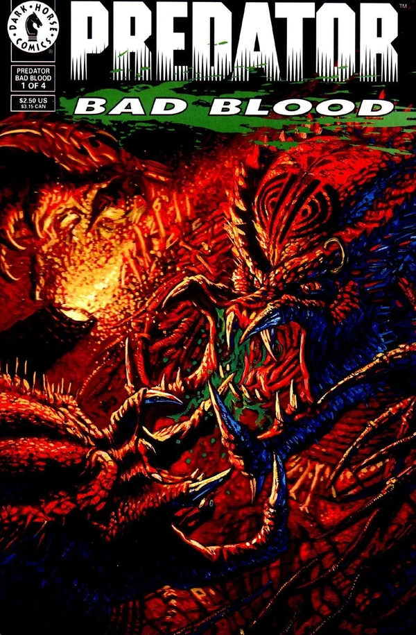 Derek Thompson's painted cover for Predator: Bad Blood #1, with a snarling red and blue Predator spreading its mandibles amid a spray of green blood