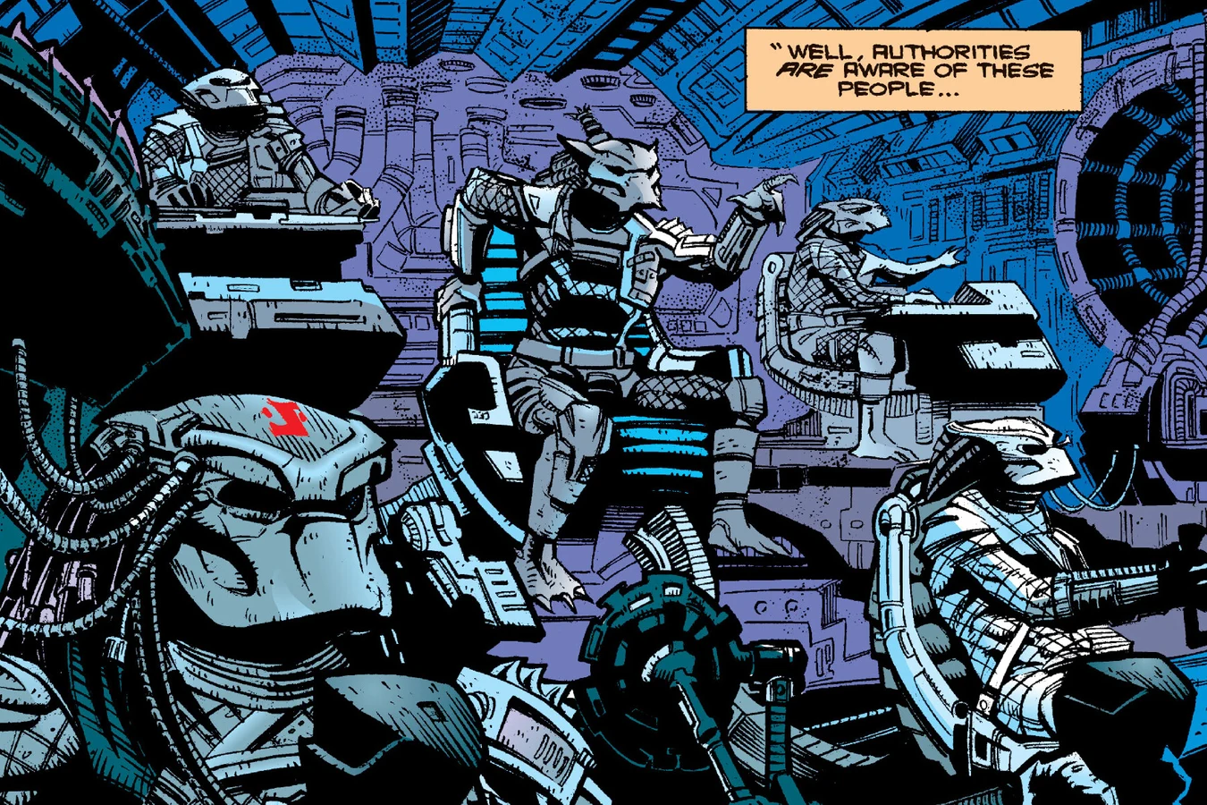 Armored Predator hunters at the controls of their pursuit ship in the Predator: Bad Blood comic