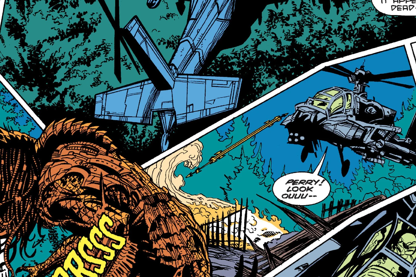 The rogue Predator below a CIA helicopter over the burning woods in the Predator: Bad Blood comic