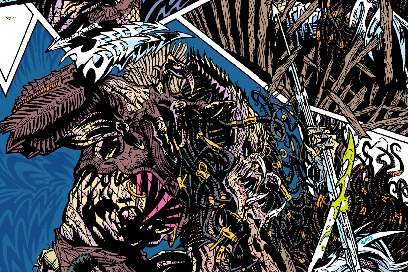 The rogue Predator roaring during its duel with the armored hunter in the Predator: Bad Blood comic